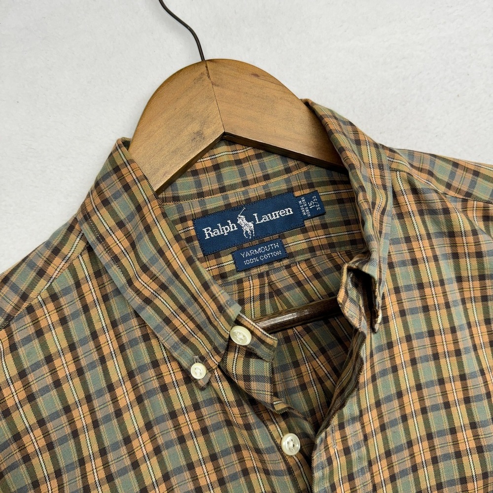 Vintage Ralph Lauren Button Down Shirt Mens Medium 15 32/33 Brown Yarmouth 90s